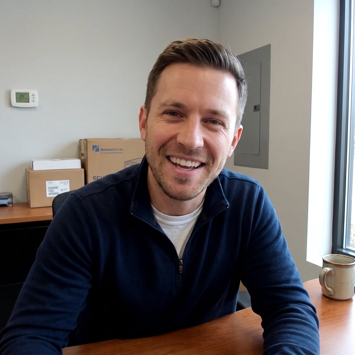 The Northline Heating & Air avatar, a salesman grinning on his webcam at his desk